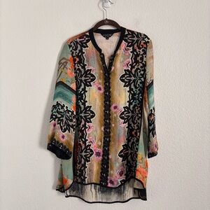 Citron Santa Monica Size Medium Multicolor Silk Floral Button Front Tunic Top